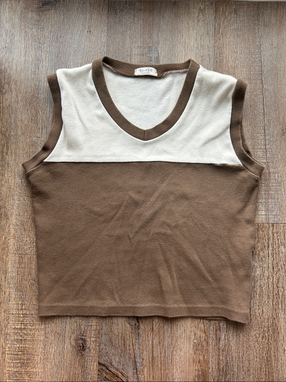 John Galt Two-Tone Brown and Cream V-Neck Sleeveless Top
